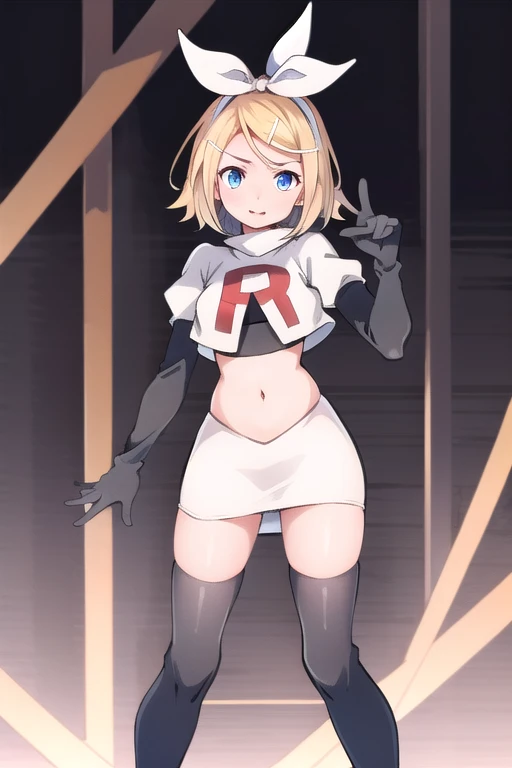 masterpiece, best quality, absurdres, perfect anatomy, 1girl, solo, Kagamine Rin, short hair, bow, team rocket,team rocket uniform,white skirt,red letter R,crop top,black thigh-highs,black elbow gloves
