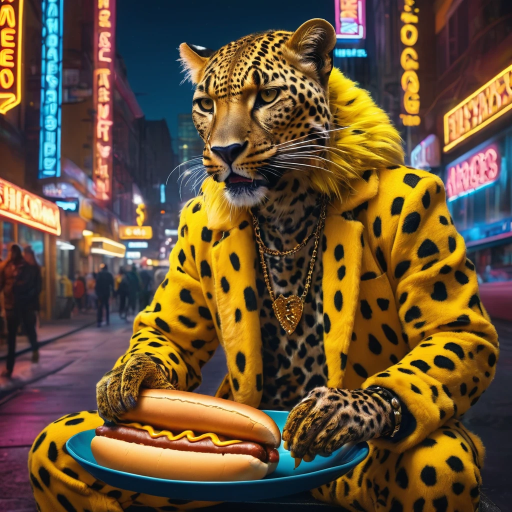 Realistic leopard beastman, eating hot dog, urban setting, detailed fur pattern, golden yellow and black spots, humanoid, casual clothing, bustling street, neon lights, night time, photorealistic, high detail, modern cityscape, vibrant colors.