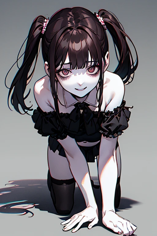 Top quality, (background detailed), vacant eyes, pouncing, approaching on all fours, full body, twin tails, mine type, underwear, high contrast, super beautiful girl, detailed original illustration, sensual, delicate face, attractive, bad girl, sexy, looking at camera, real breasts, stalker, crazy smile, pale skin, bloody, dark hair, beautiful line drawing