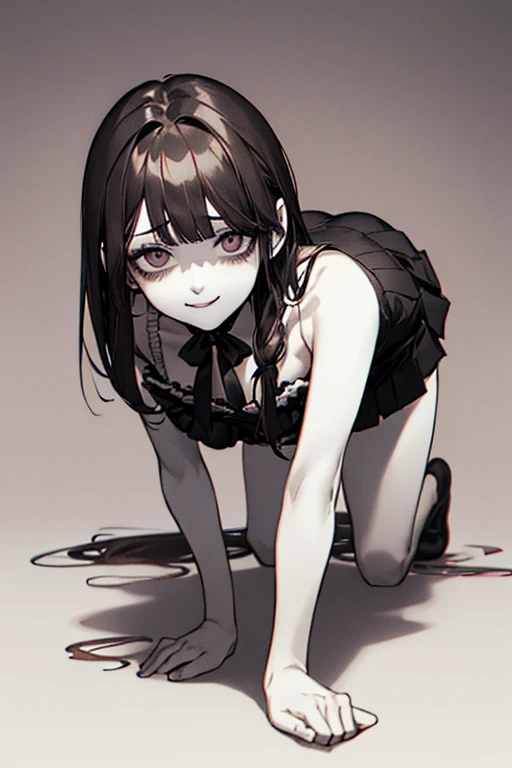 Top quality, (background detailed), vacant eyes, pouncing, approaching on all fours, full body, twin tails, mine type, underwear, high contrast, super beautiful girl, detailed original illustration, sensual, delicate face, attractive, bad girl, sexy, looking at camera, real breasts, stalker, crazy smile, pale skin, bloody, dark hair, beautiful line drawing