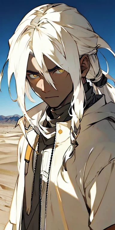 (masterpiece, best quality),1male  with long white hair ,yellow pupils ,  Desert clothing 