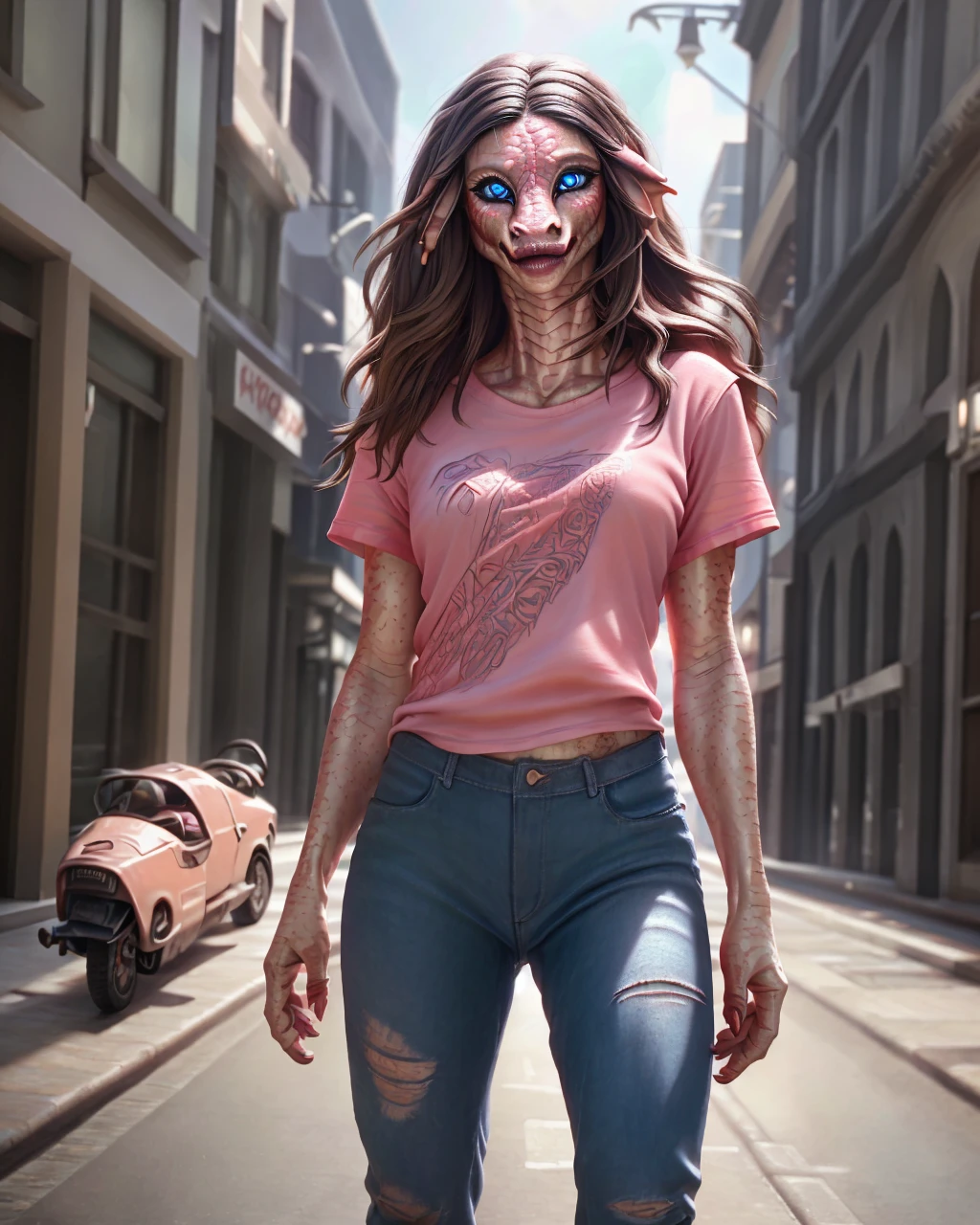 1girl, beautiful detailed eyes, beautiful detailed lips, extremely detailed eyes and face, long brown hair, pink t-shirt, jeans, standing on a street corner, award winning, intricate details, photorealistic, cinematic lighting, volumetric lighting, depth of field, beautiful face, striking pose, dynamic composition, vivid colors, warm tones, transformation into a dragon