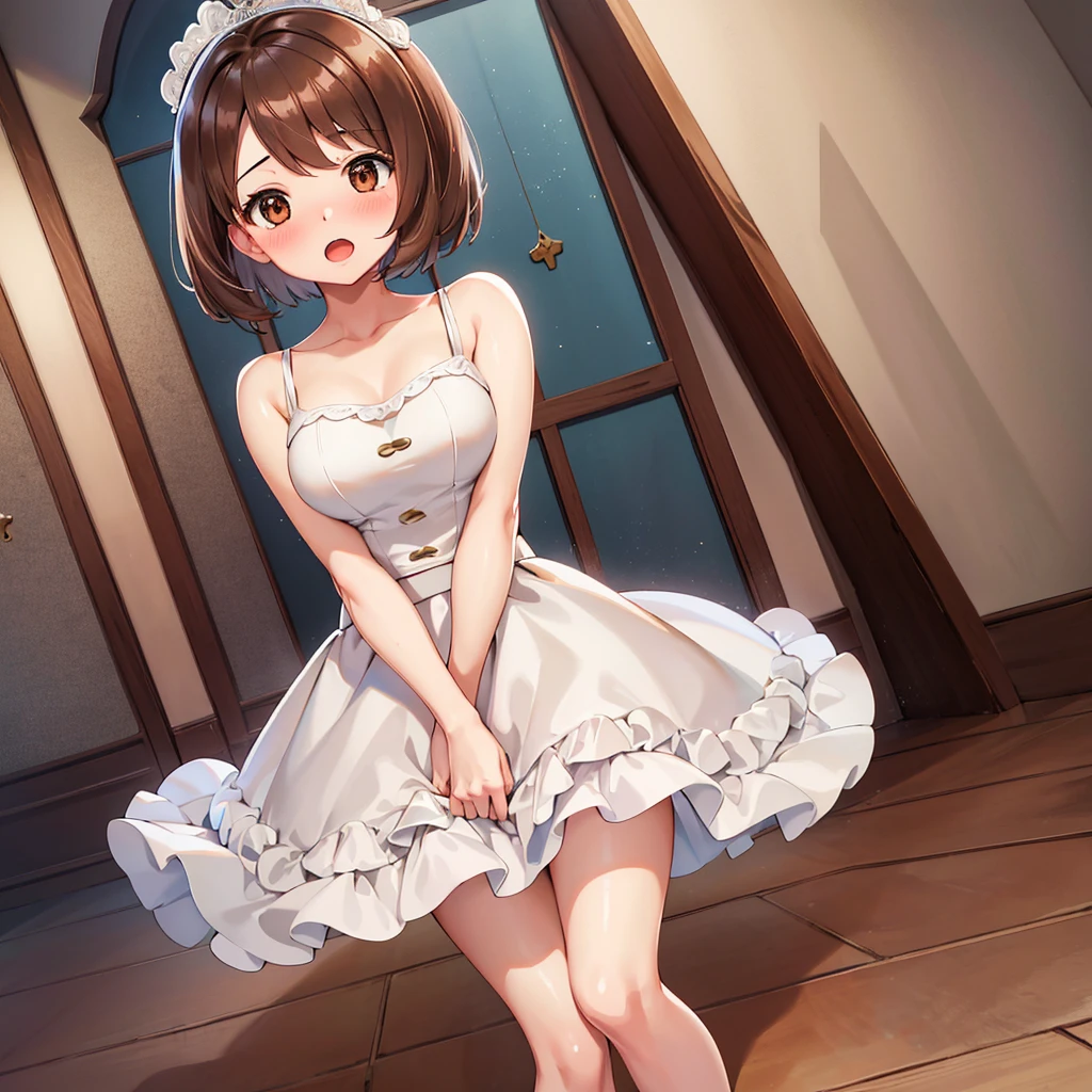 masterpiece, Highest quality, High resolution, Gloria1, 1 Girl, Gloria\(Pokémon\), Brown Hair, , Brown Eyes, , Short Hair, , Bobcut, bangs, , 1Describe a girl carefully 1Girl Expression in love blush Open Mouth blush church Wedding dress(mini skirt) breast enhancement