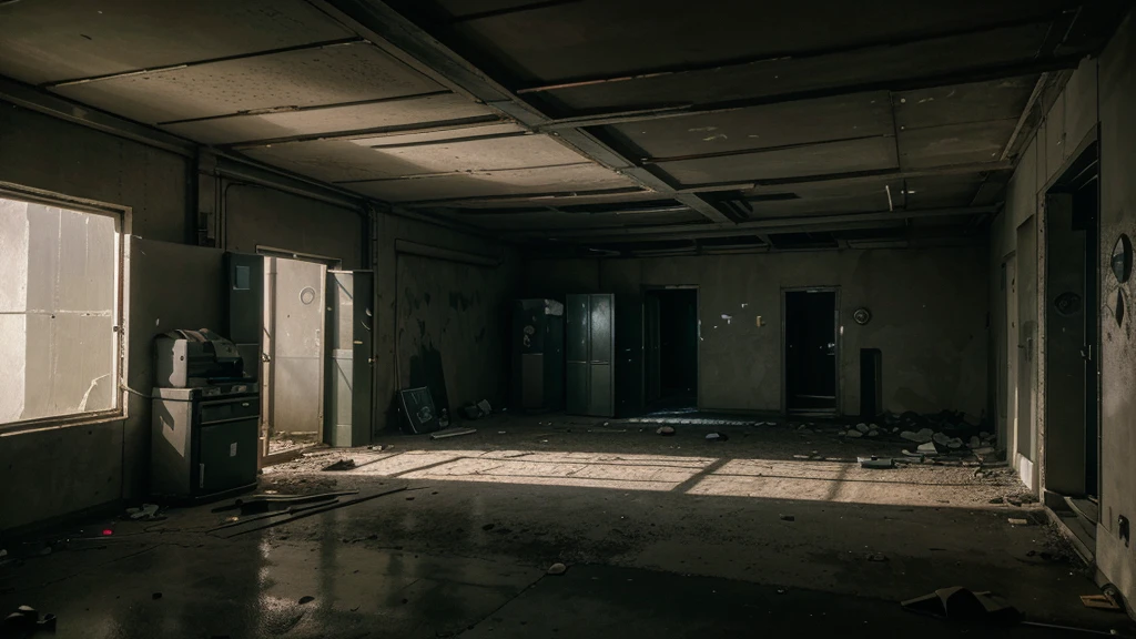 please draw an abandoned night scene. a small security monitoration room with many monitors and shadows in the corners that seem to hide some creature. too dark. lots of trash and pieces of concrete on the floor, security camera quality image and fixed point in a corner on the ceiling, 4k, no sun light, only moon light, look to monitors