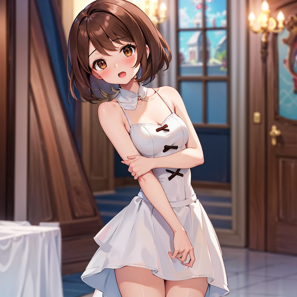 masterpiece, Highest quality, High resolution, Gloria1, 1 Girl, Gloria\(Pokémon\), Brown Hair, , Brown Eyes, , Short Hair, , Bobcut, bangs, , 　１Describe a girl carefully　１Girl　Expression in love　blush　Open Mouth　blush　church　Wedding dress（mini skirt）　breast enhancement