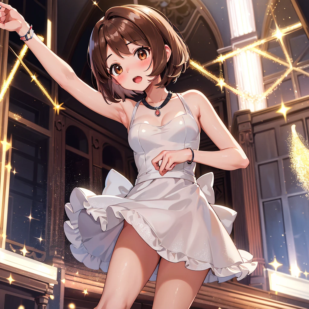 masterpiece, Highest quality, High resolution, Gloria1, 1 Girl, Gloria\(Pokémon\), Brown Hair, , Brown Eyes, , Short Hair, , Bobcut, bangs, , 1Describe a girl carefully 1Girl Expression in love blush Open Mouth blush church Wedding dress(mini skirt) breast enhancement