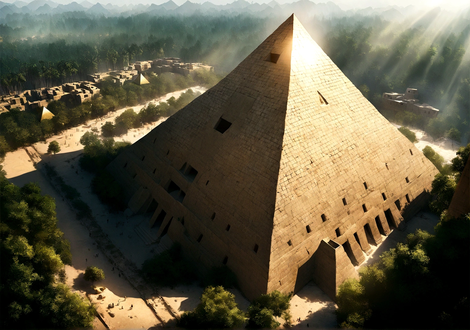 Got it, Lost city among the trees of a dense forest, great golden pyramid, shining with sunlight, Realistic photography.