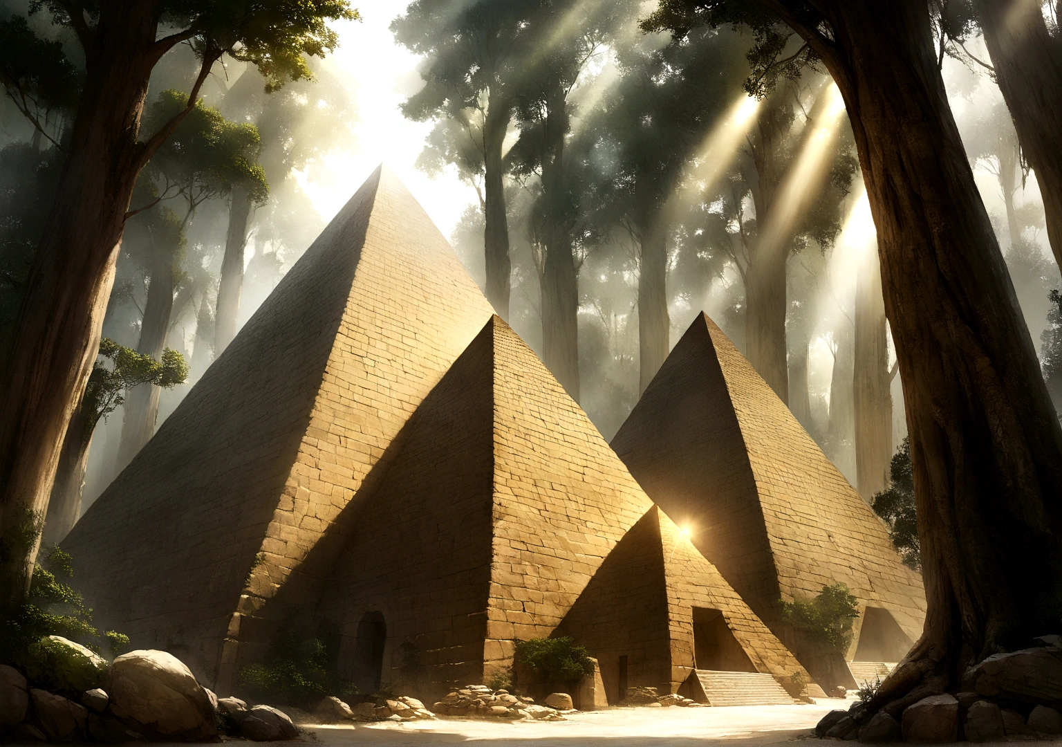 Got it, Lost city among the trees of a dense forest, great golden pyramid, shining with sunlight, Realistic photography.