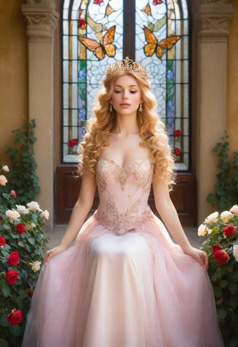 princess in blissful languor, beautiful detailed eyes, beautiful detailed lips, flowing gown, dreamy expression, golden hair cascading down, sparkling tiara, strawberry blonde curls, royal palace, soft sunlight filtering through stained glass windows, exquisite chandelier lighting, romantic atmosphere, vibrant colors, Mediterranean garden, fragrant flowers in full bloom, fountain with dancing water, whispering breeze, whimsical butterflies fluttering around, faint sound of birds chirping, lush greenery, ivy-covered trellis, endless rows of blooming roses, Prince Charming's irresistible presence, anticipating love and happiness, (best quality, 4k, 8k, highres, masterpiece:1.2), ultra-detailed, (realistic, photorealistic, photo-realistic:1.37), romantic portrait style, soft pastel color palette, dreamy lighting, ethereal ambiance