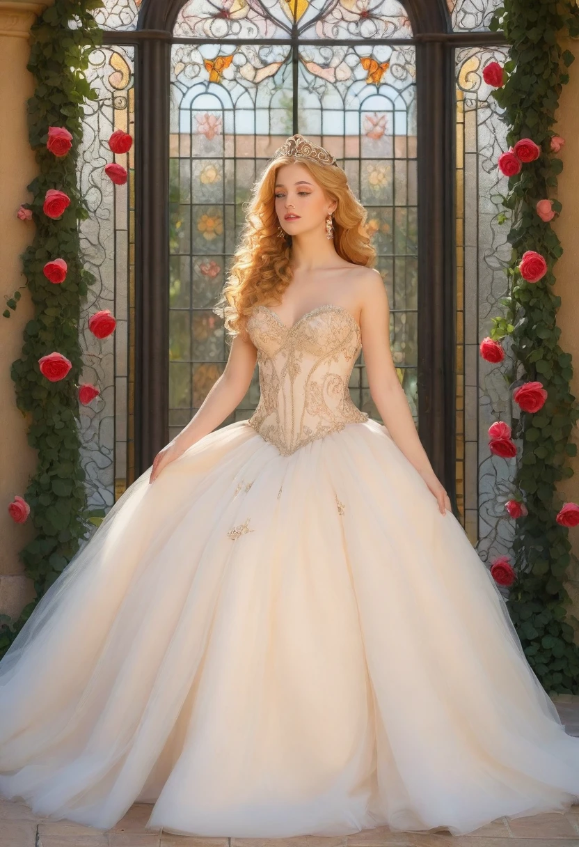 princess in blissful languor, beautiful detailed eyes, beautiful detailed lips, flowing gown, dreamy expression, golden hair cascading down, sparkling tiara, strawberry blonde curls, royal palace, soft sunlight filtering through stained glass windows, exquisite chandelier lighting, romantic atmosphere, vibrant colors, Mediterranean garden, fragrant flowers in full bloom, fountain with dancing water, whispering breeze, whimsical butterflies fluttering around, faint sound of birds chirping, lush greenery, ivy-covered trellis, endless rows of blooming roses, Prince Charming's irresistible presence, anticipating love and happiness, (best quality, 4k, 8k, highres, masterpiece:1.2), ultra-detailed, (realistic, photorealistic, photo-realistic:1.37), romantic portrait style, soft pastel color palette, dreamy lighting, ethereal ambiance