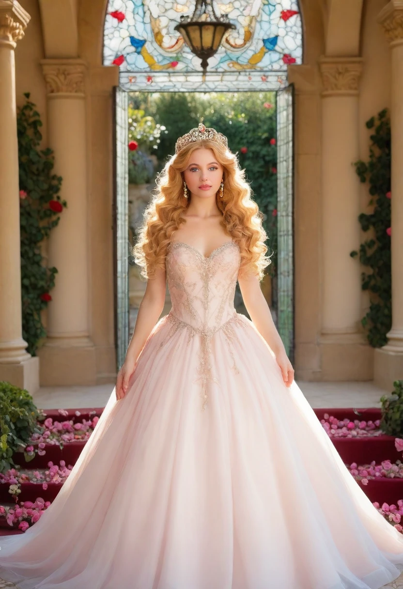 princess in blissful languor, beautiful detailed eyes, beautiful detailed lips, flowing gown, dreamy expression, golden hair cascading down, sparkling tiara, strawberry blonde curls, royal palace, soft sunlight filtering through stained glass windows, exquisite chandelier lighting, romantic atmosphere, vibrant colors, Mediterranean garden, fragrant flowers in full bloom, fountain with dancing water, whispering breeze, whimsical butterflies fluttering around, faint sound of birds chirping, lush greenery, ivy-covered trellis, endless rows of blooming roses, Prince Charming's irresistible presence, anticipating love and happiness, (best quality, 4k, 8k, highres, masterpiece:1.2), ultra-detailed, (realistic, photorealistic, photo-realistic:1.37), romantic portrait style, soft pastel color palette, dreamy lighting, ethereal ambiance