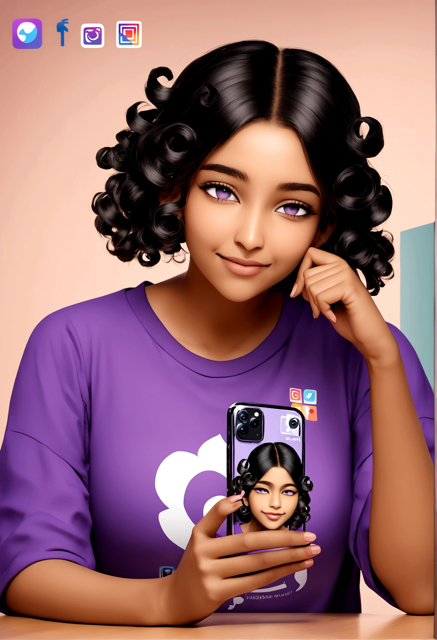 Create a 3D illustration of an animated Indian character sitting casually on top of a social media logo "instagramart". The character must wear a purple t-shirt , curly hair dark skin, slightly slanted eyes and holding an iPhone. The background of the image is a social media profile page with the username "Hadassah" and a matching profile photo.
