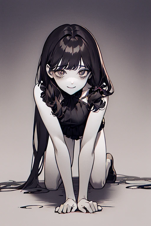 Top quality, (background detailed), vacant eyes, pouncing, approaching on all fours, full body, twin tails, mine type, underwear, high contrast, super beautiful girl, detailed original illustration, sensual, delicate face, attractive, bad girl, sexy, looking at camera, real breasts, stalker, crazy smile, pale skin, bloody, dark hair, beautiful line drawing