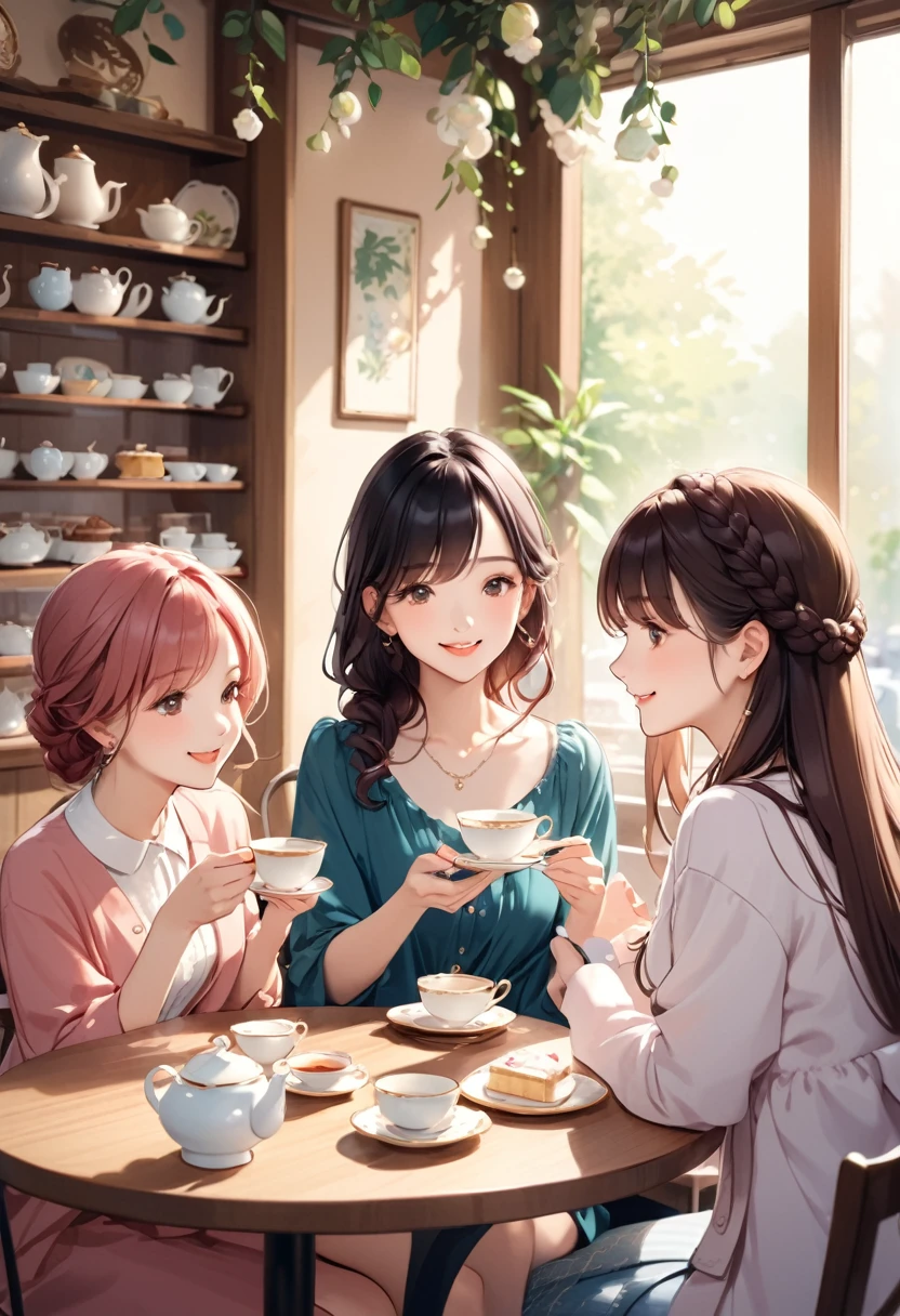 Highest quality、High resolution、Detailed Background、Beautiful face in every detail、Beautiful girl in her 20s、Cute hair colour、Braided long hair、Wavy Hairstyle、Calm atmosphere、Happy expression、It&#39;s gorgeous but also feminine.、clear、
(Three women enjoying tea time in a cute cafe:1.5)