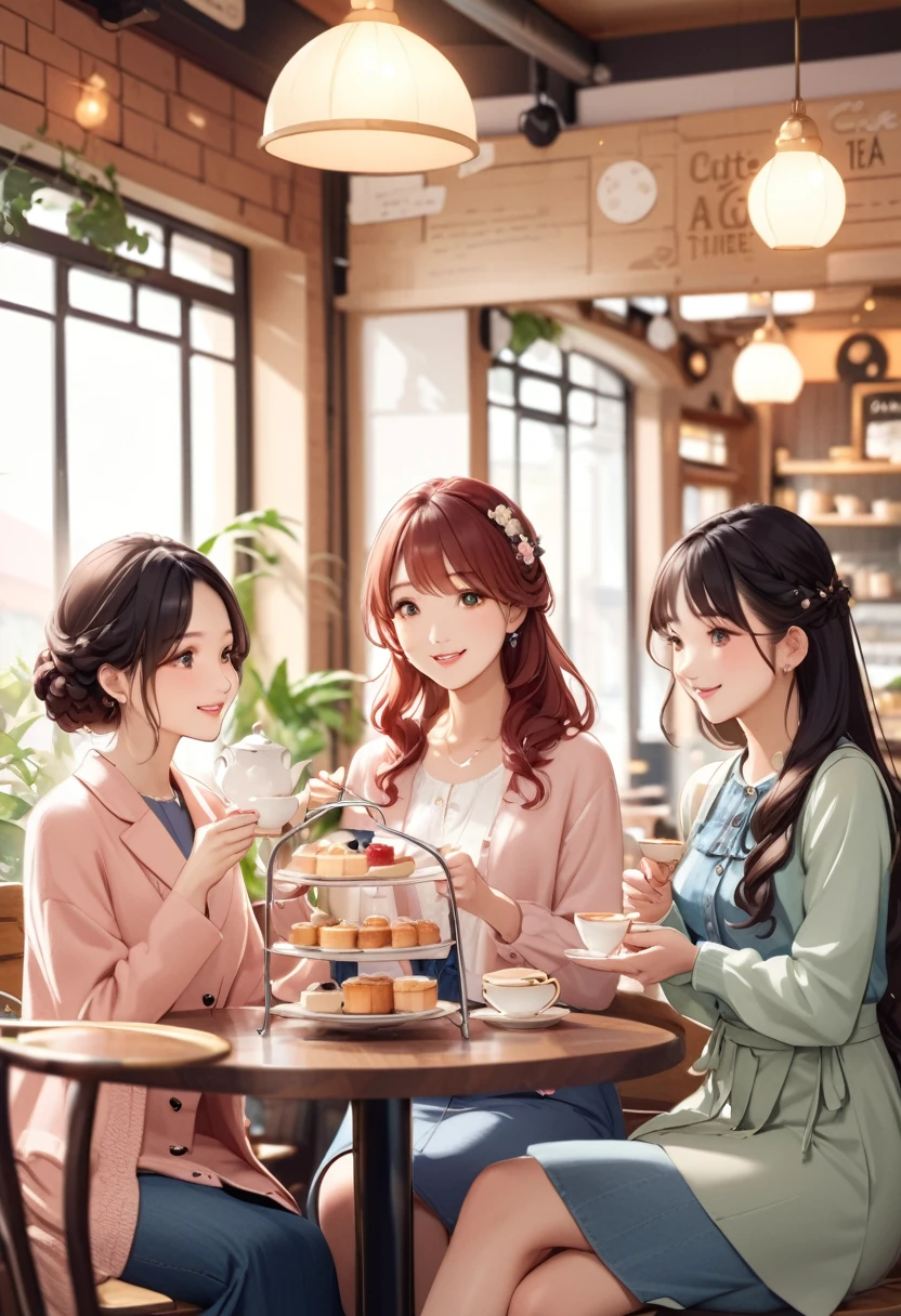 Highest quality、High resolution、Detailed Background、Beautiful face in every detail、Beautiful girl in her 20s、Cute hair colour、Braided long hair、Wavy Hairstyle、Calm atmosphere、Happy expression、It&#39;s gorgeous but also feminine.、clear、
(Three women enjoying tea time in a cute cafe:1.5)