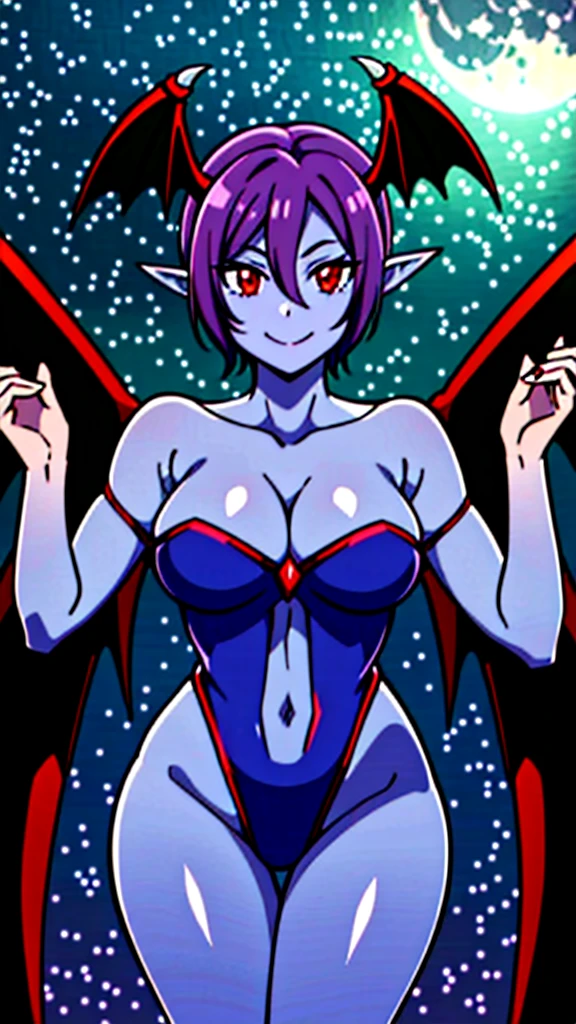 1girl,mature female,30s,sensual,black armor,cleavage,medusa hair,pointy ears,black hair((red skin,colored skin)),night,moon,night sky,floating,evil smile,dynamic pose,demon horns, demon wings,