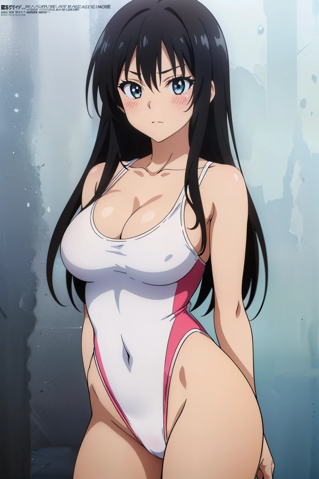 (masutepiece, Best Quality, High resolution, anime colours, megami magazine:1.2, anime poster style, anime keyvisual, sharp, 8k, photorealistic), (beautiful eyes:1.5, beautiful face), Kotegawa Yui, 1girl, solo, Cute, blush, (Long Black Hair), (sagging large breasts), (white onepiece swimsuit), cleavage, (arm behind back, cowboy shot), (Perfect detailed Anatomy, beautiful detailed hair, perfect detailed body:1.2, shiny skin), (thick outline, Beautiful outlines, black outlines), simple background,