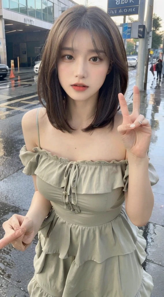 ((Best Quality, 8K, Masterpiece:1.3)), Focus:1.2, Perfect Body Beauty:1.4, Buttocks:1.2, (Layered Haircut:1.2)), (Rain, Street:1.3), Bandeau Dress:1.1, Highly Detailed Face and Skin Texture, Delicate Eyes, Double Eyelids, Whitened Skin, Long Hair, (Round Face: 1.5),peace sign,Big Breasts