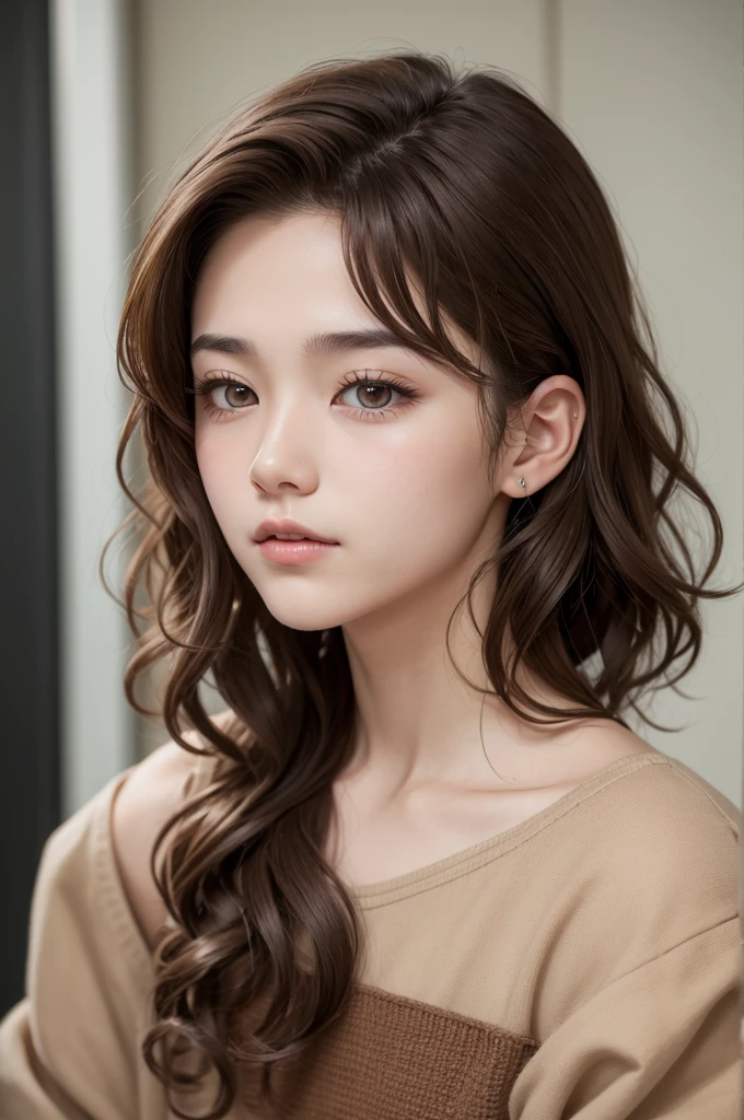 Boy with shoulder-length wavy brown hair, eyes browns, squared chin, Thick eyelashes