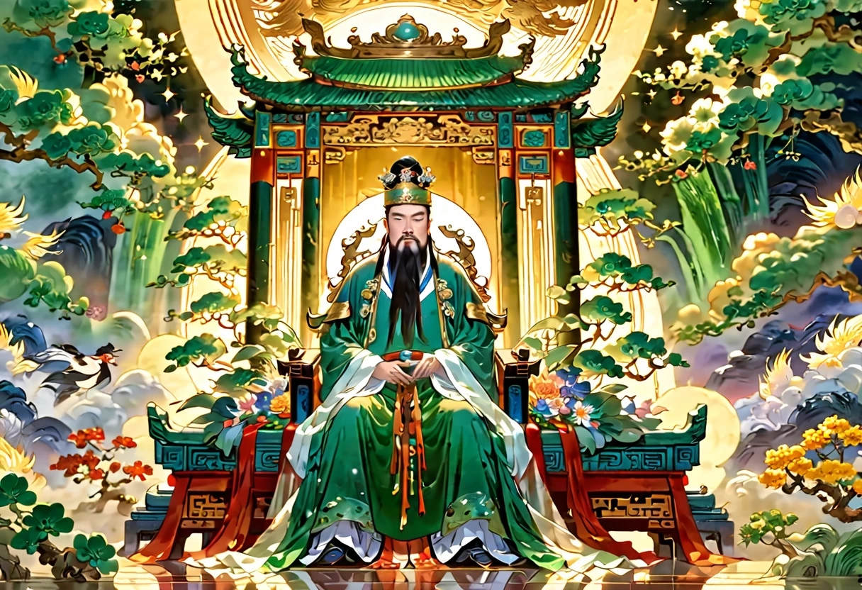 show 2 people, a jade Emperor seated on a magnificent golden throne in the heavenly realm looks down to a young farmer who is in simple clothing stands respectfully before him . Surround them with vibrant celestial flora under a soft, golden light, symbolizing the sacred nature of the encounter.