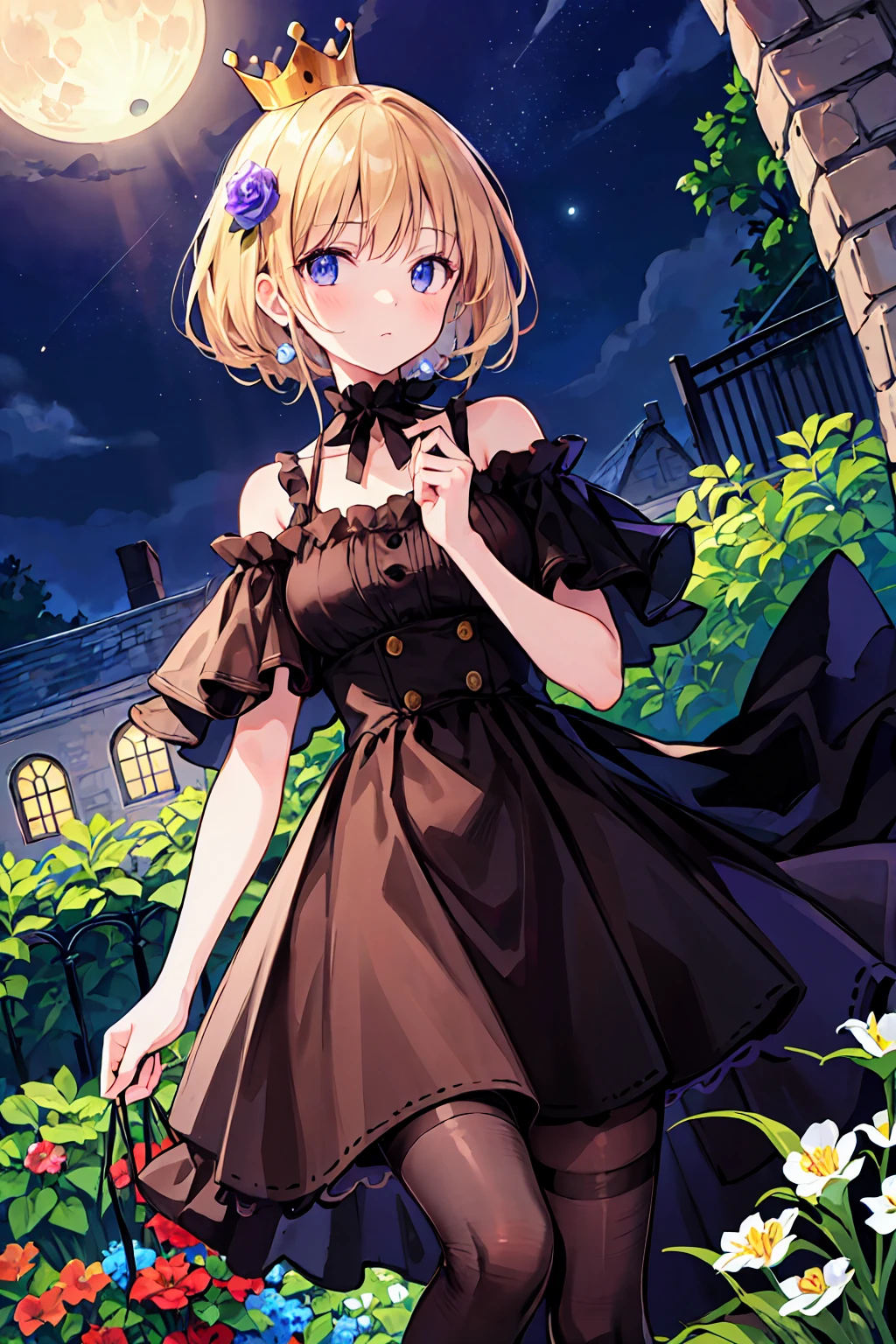 Highest quality, expensive_solve, clear_image, Detailed Background ,girl,flower,garden,moon, night,Dutch Angle, Wide Shot, Crown,