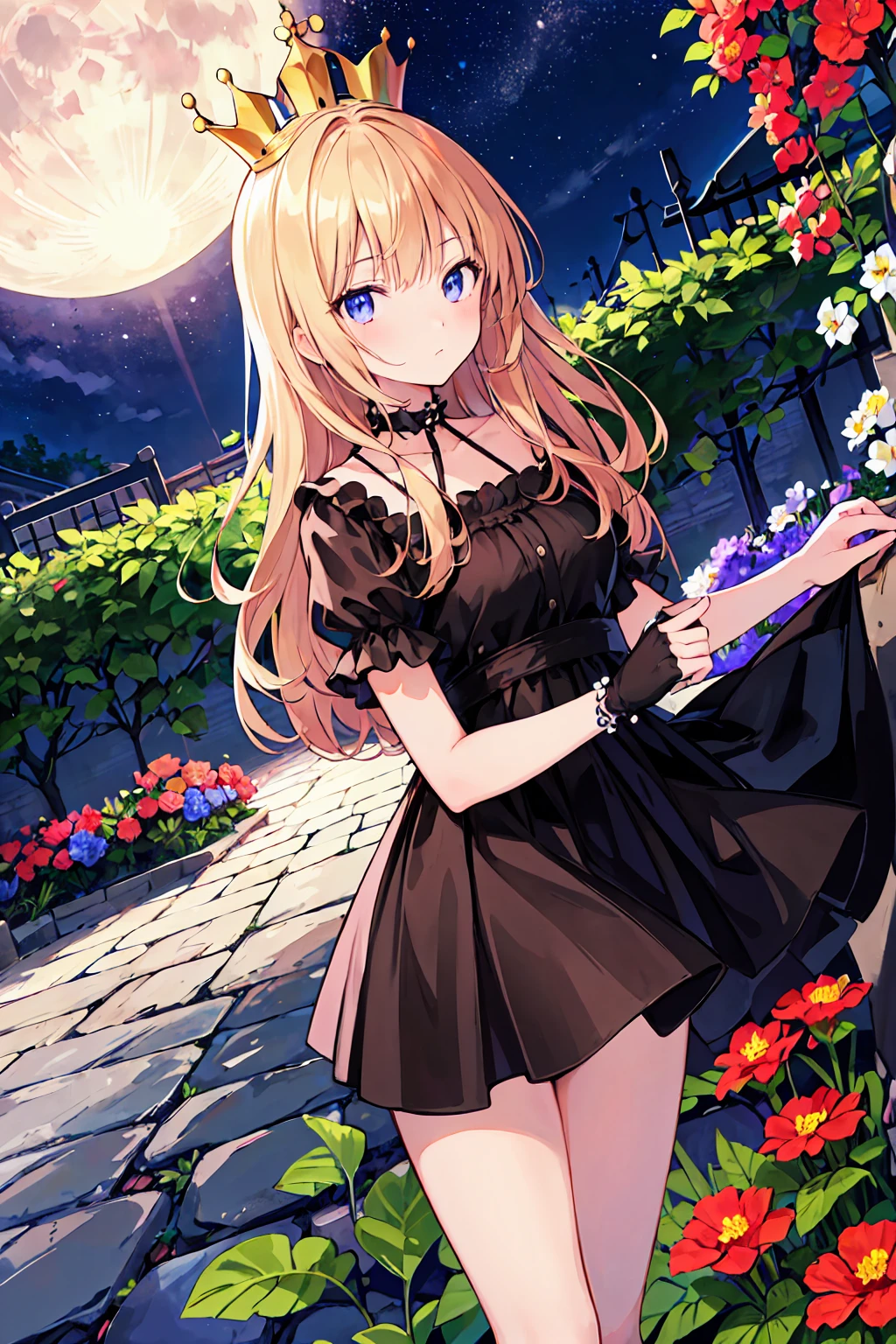 Highest quality, expensive_solve, clear_image, Detailed Background ,girl,flower,garden,moon, night,Dutch Angle, Wide Shot, Crown, 