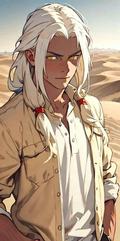 (masterpiece, best quality),1male with long white hair ,yellow pupils , Desert clothing