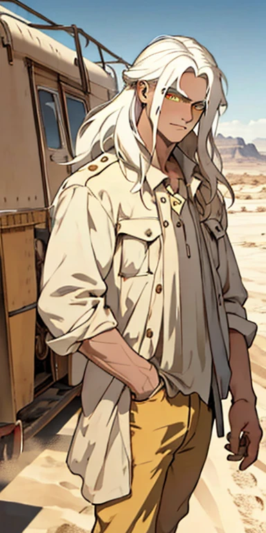 (masterpiece, best quality),1male  with long white hair ,yellow pupils ,  Desert clothing 