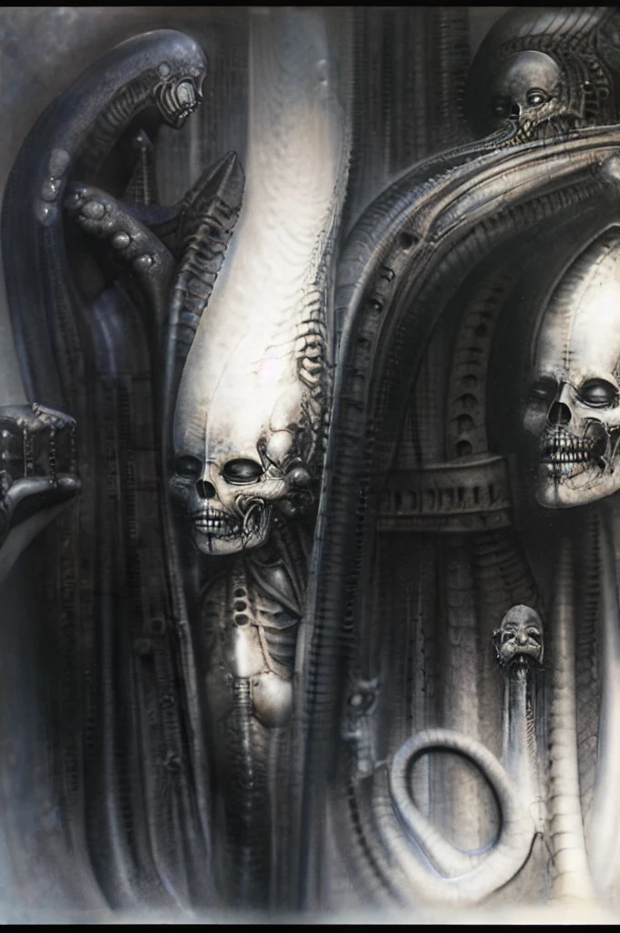 Giger_style, The image is a detailed view of H.R. Giger's \" Landscape XVI \" plate, featuring a complex network of bones and organs in a purple-brown hue ,swirling gray and brown colors. The artwork is silver and purplish brown, with an ivory bones prominently displayed. The image is highly detailed and intricate, almost like a 3d version of a medical diagram
The image is an artistic representation of a mechanical structure with pipes and gears, with a skeletal creature and a windmill blade.


The image depicts a surreal, anatomical illustration of a alien body with a skeleton inside, surrounded by a network of tubes and pipes.

biomechanical landscape by Hans Rudie Giger composed of fossilized and mummified alien life forms. Image depicts a strange and dreamlike, combines biological and mechanical ,managed  to dreamlike quality. Centralized recognizable shapes of skulls, rib cages, and spines, all intertwined with tubes and cables. These shapes suggest fossilized mummified alien life forms. Central skeletal structures and what appears to be a ribcags of ivory in the foreground are the most identifiable organic elements. The mechanical elements are evident in the wires and tubes emanating from the skeletals, as well as the smooth metallic tubes. In the background shapes are visible that could be interpreted as other fossilized or mummified alien life.
Light source from the top highlights skeletals, upper part of foreground, lower part of image is in shadow.


The piece is a tableau, most likely created with a India ink pen or pencil on paper, determined by the thin lines, shading techniques, and the texture of the paper, which is visible around the edges.
used is pen, given the shading and variations in line weight visible in the image. One have used a variety of pencils with different degrees of hardness to achieve the shading effects

The style  is clearly biomechanical. Features combination of organic and mechanical forms. 