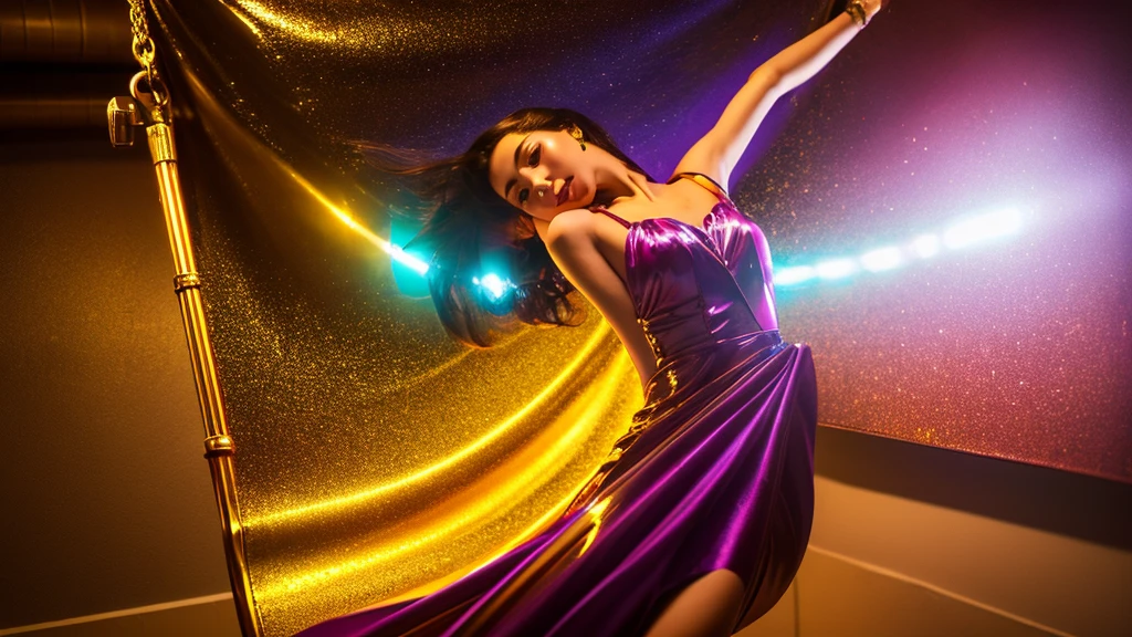 Create a hyper realistic image of a glossy shiny vibrant  golden framed oil painting hanging on a wall on cream colored parched paper of a  with purple colour dress on a swing. Her body is extending in 3D from the boarders of the oil painting . The image should appear highly detailed 3D. ultra HD 64k hyperrealism studio lightning light reflection