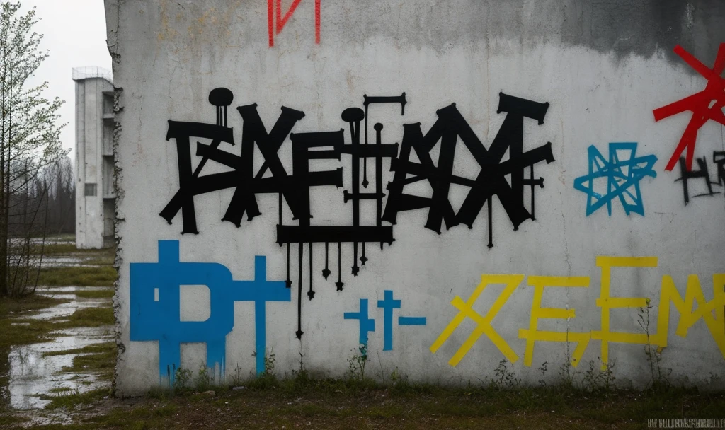((Best Quality)), ((Masterpiece)), (detailed), Chernobyl with lights and punk graffiti with many details without people

