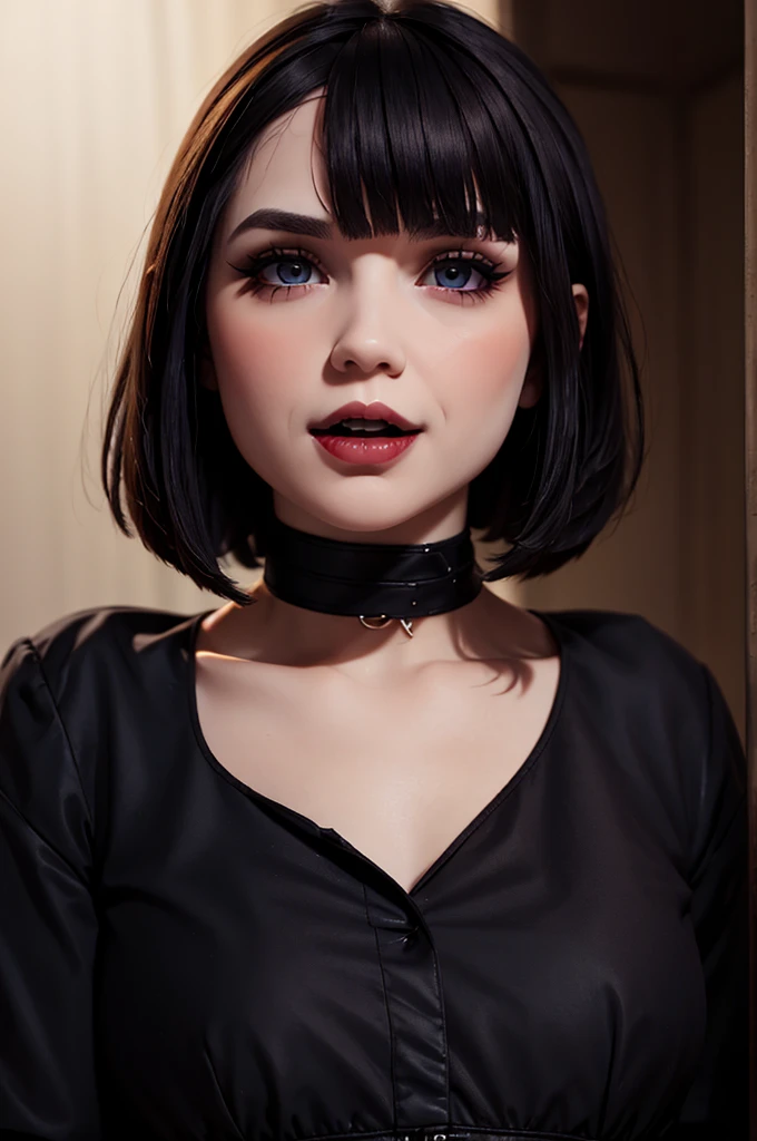 Fine detailed face, perfect eyes, pale skin, gothic makeup, short hair with bob style bangs, thick lips and open mouth showing vampire fangs., modelo realmente sorprendente y original