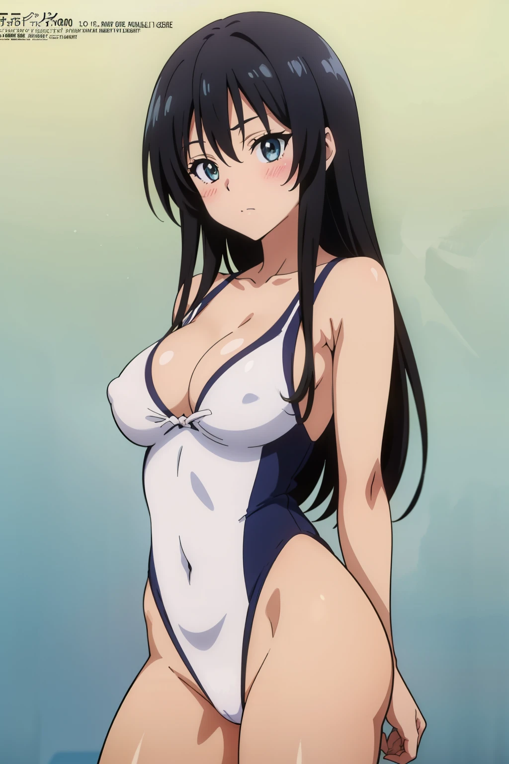 (masutepiece, Best Quality, High resolution, anime colours, megami magazine:1.2, anime poster style, anime keyvisual, sharp, 8k, photorealistic), (beautiful eyes:1.5, beautiful face), Kotegawa Yui, 1girl, solo, Cute, blush, (Long Black Hair), (sagging large breasts), (white onepiece swimsuit), cleavage, (arm behind back, cowboy shot), (Perfect detailed Anatomy, beautiful detailed hair, perfect detailed body:1.2, shiny skin), (thick outline, Beautiful outlines, black outlines), simple background,