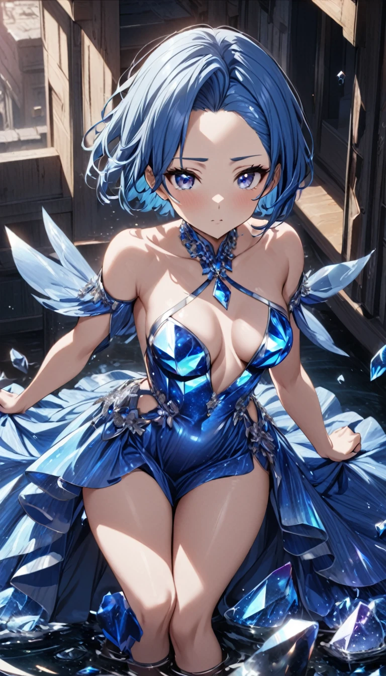 1girl,pixie_cut_hair,steelblue hair,asymmetrical bangs,bangs_pulled_back,right forehead exposed,steelblue eyes,medium breasts,blue moonstone crystalline dress