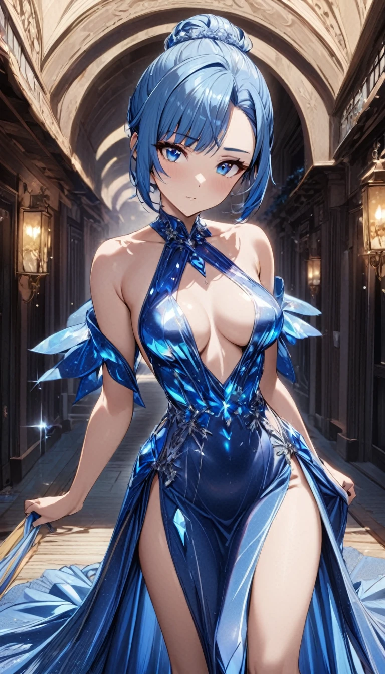 1girl,pixie_cut_hair,steelblue hair,asymmetrical bangs,bangs_pulled_back,right forehead exposed,steelblue eyes,medium breasts,blue moonstone crystalline dress
