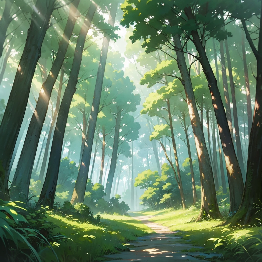 painting of a forest scene with a sunbeam and trees, background art, anime background art, forest drawing elegant, painting of a forest, forest clearing, verdant forest, forest clearing landscape, lush environment, forest environment, forest outside, environment art, environment painting, sunny environment, peaceful environment, anime lush john 8k woods, sunlight study, wooded environment
