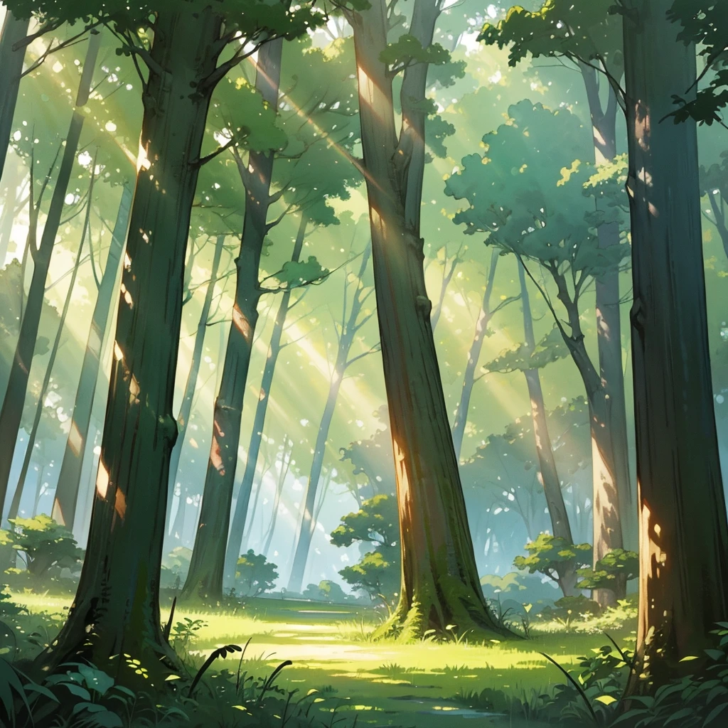 painting of a forest scene with a sunbeam and trees, background art, anime background art, forest drawing elegant, painting of a forest, forest clearing, verdant forest, forest clearing landscape, lush environment, forest environment, forest outside, environment art, environment painting, sunny environment, peaceful environment, anime lush john 8k woods, sunlight study, wooded environment