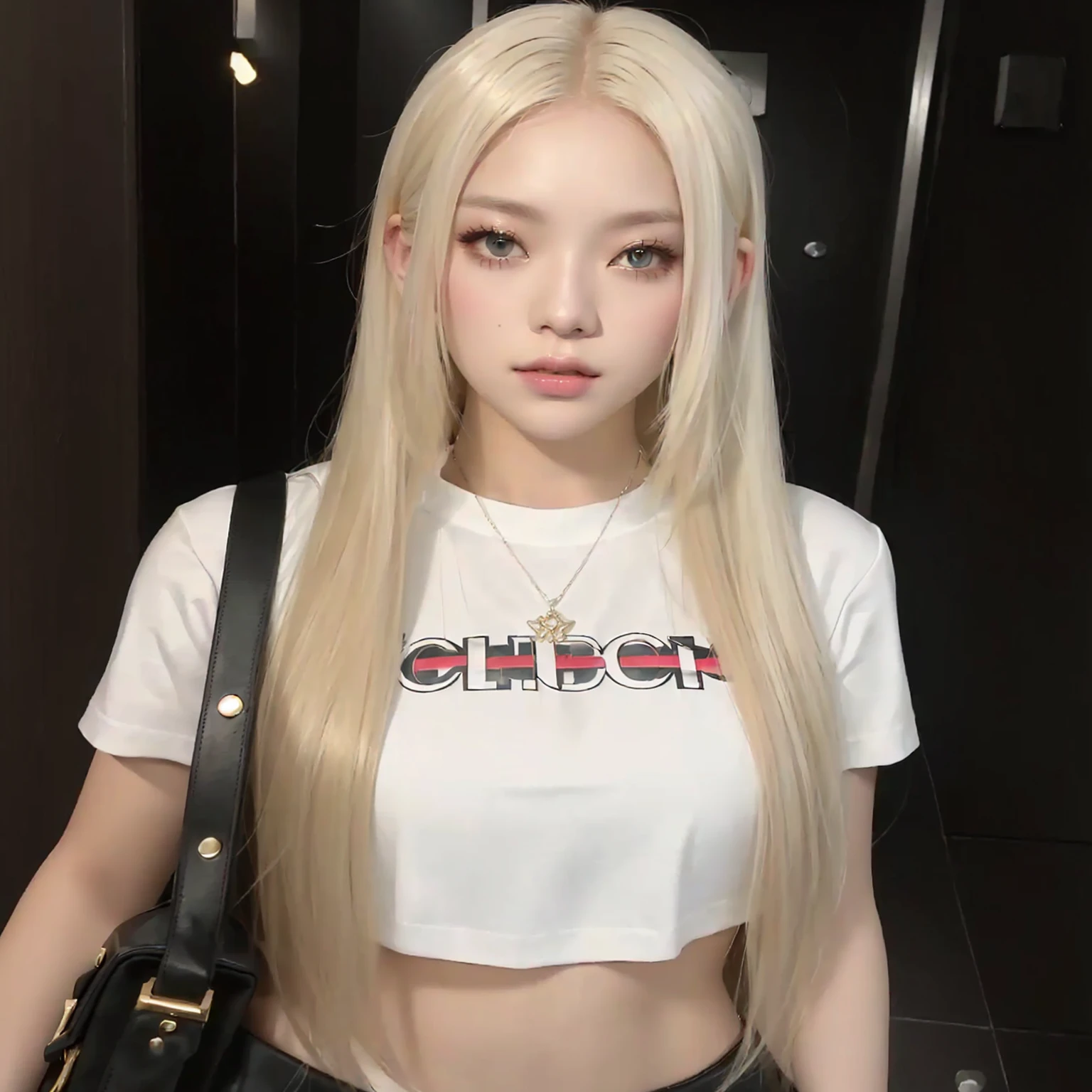 Blond-haired girl wearing a white crop top and a black bag., portrait of jossi de blackpink, korean girl, ulzzang, with long blonde hair, roseanne park by blackpink, very very pale blonde hair, with long white hair, jossi de blackpink, extremely pale blonde hair, with long white hair, cruel korean gothic girl, bbwchan, white hime cut hairstyle