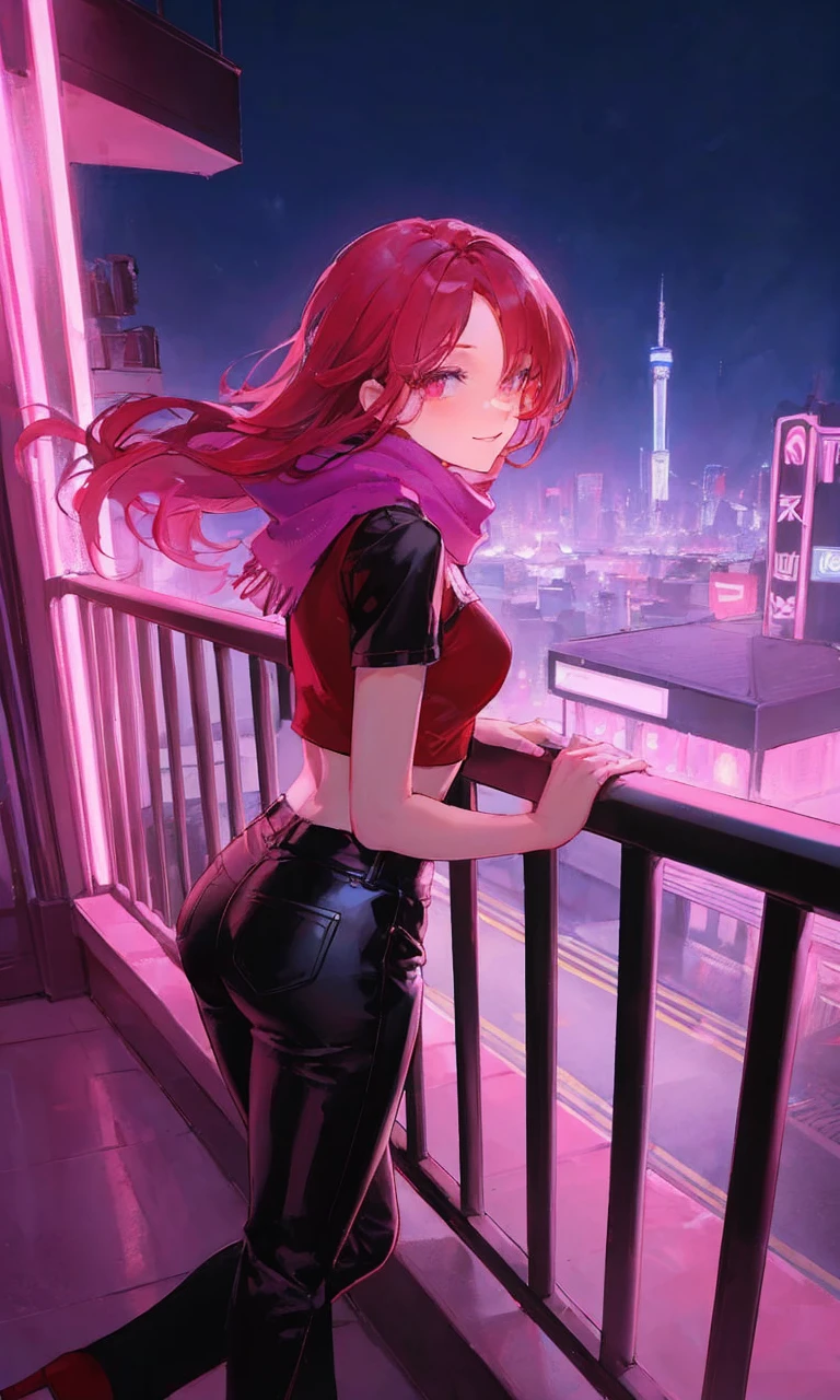 botanical illustration, masterpiece, best quality, classic, extremely detailed, 1 woman, red hair, pink eyes, hair over one eye, long hair, red crop top, short sleeves, magenta scarf, black leather pants, red high heeled boots, neon lights, in the city, full body, smile, red lips, tight clothes, ambient soft lighting, 4k, perfect eyes, a perfect face, perfect lighting, looking to the left, side perspective balcony, leaning on a balcony, leaning on the railing, leaning on the railing on a balcony, side perspective, admiring the landscape, from behind