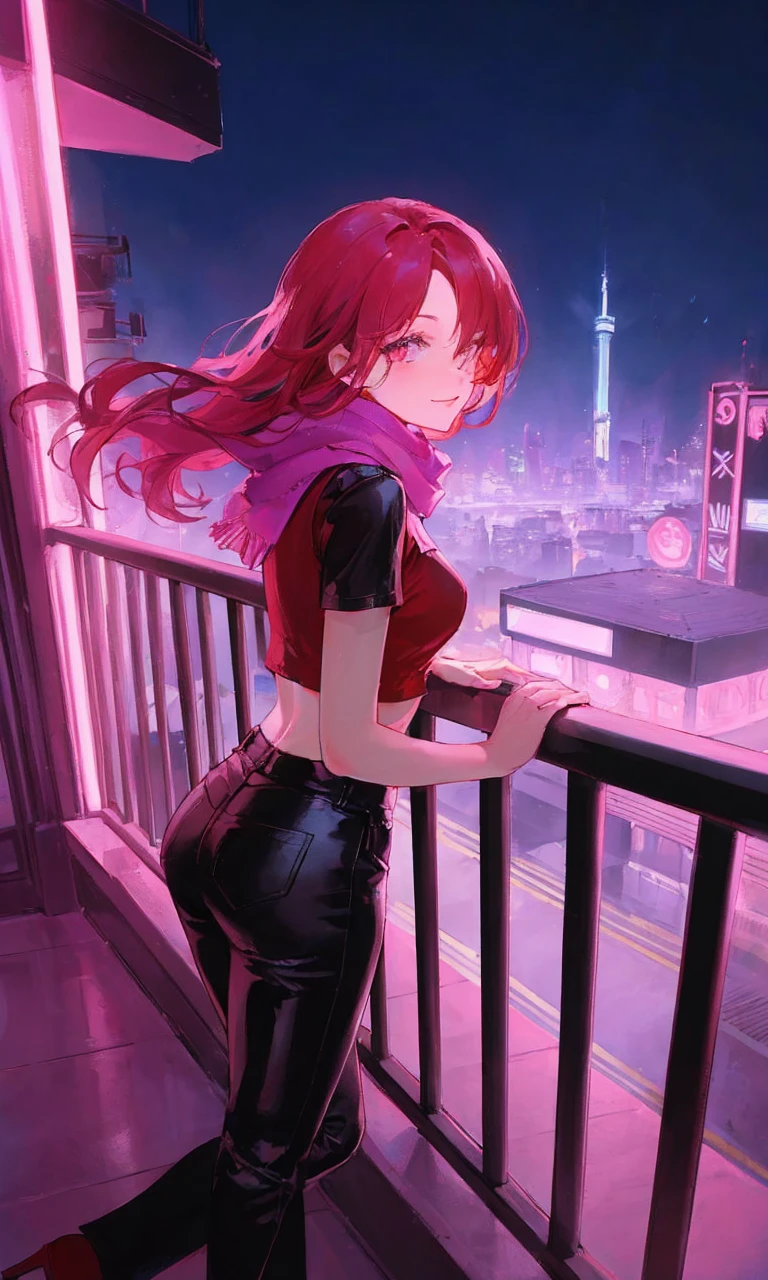 botanical illustration, masterpiece, best quality, classic, extremely detailed, 1 woman, red hair, pink eyes, hair over one eye, long hair, red crop top, short sleeves, magenta scarf, black leather pants, red high heeled boots, neon lights, in the city, full body, smile, red lips, tight clothes, ambient soft lighting, 4k, perfect eyes, a perfect face, perfect lighting, looking to the left, side perspective balcony, leaning on a balcony, leaning on the railing, leaning on the railing on a balcony, side perspective, admiring the landscape, from behind