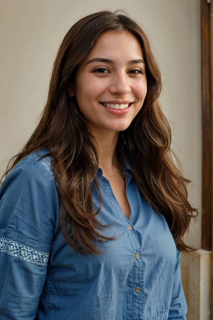 a photo-realistic portrait of a beautiful Palestinian woman with long brown hair, blue shirt, white teeth, and a cute smile, with highly detailed and realistic facial features, modest expression, and realistic white skin tone