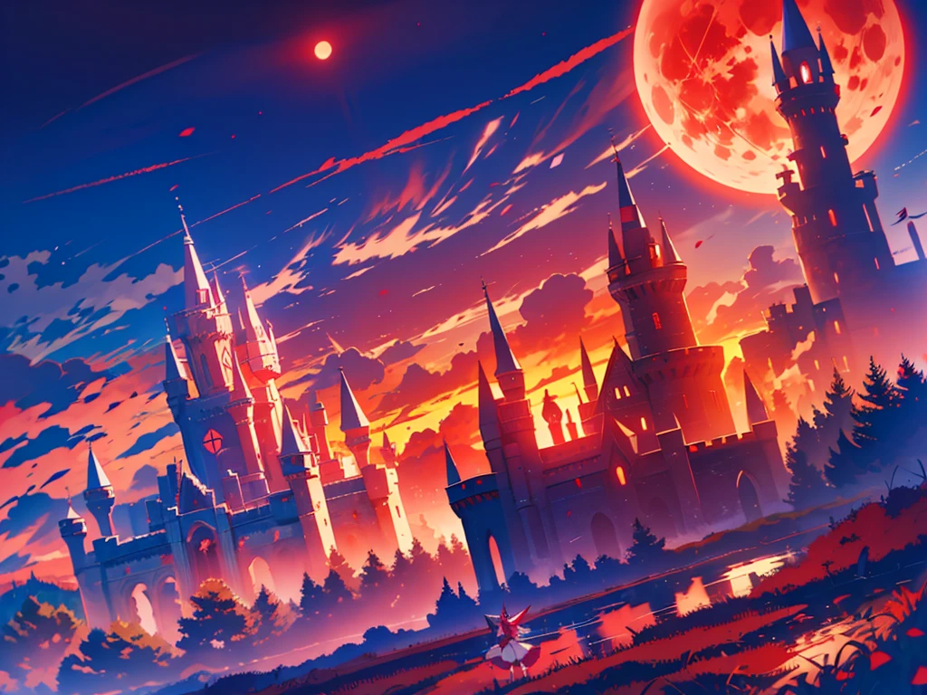 (Remilia Scarlet), ****, skirm, growing red eyes, red full moon, blight red sky, dynamic angle, a castle in background, 8k wallpaper, glowify, more_details:1