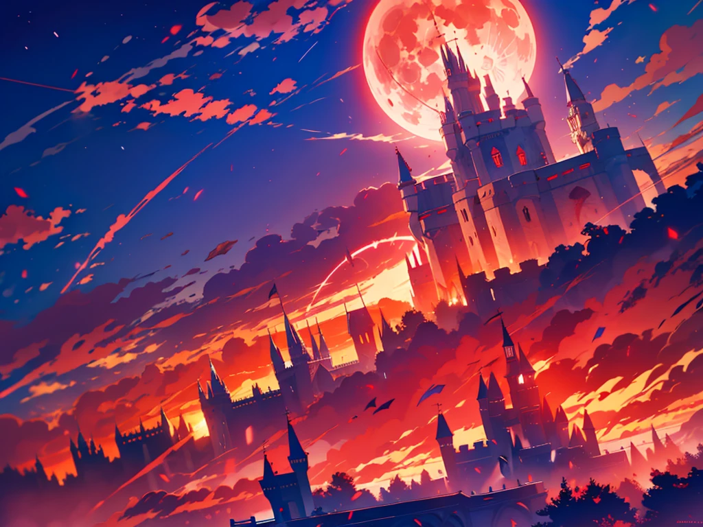 (Remilia Scarlet), ****, skirm, growing red eyes, red full moon, blight red sky, dynamic angle, a castle in background, 8k wallpaper, glowify, more_details:1