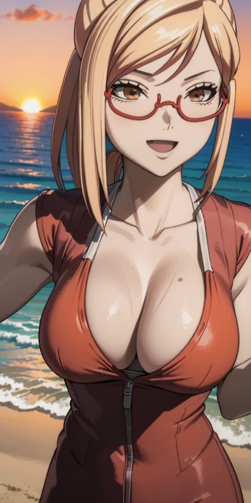 (Best quality:1.3),Akiyama Kaede from Kengan Asura, big breasts, fully nude, red glasses, smiling, beach background, (close-up), orange sky