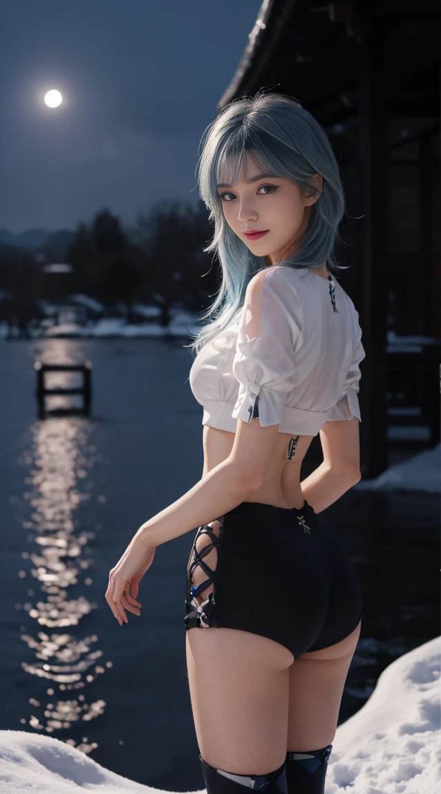 8K, Highest quality, Intricate details, Super detailed, Ultra-high resolution, masterpiece, ((From behind)), thin, smile, (compensate: 0.4), (ふわふわのblue eyes: 1.21), blue eyes, See the background, ((whole body)), One girl, alone, 1 Girl, (( whole body)), Close-up shot, Are standing , ((expensive)), (((Healthy Body))), (((Slim face))), Sharp Face, Sharp eyes, (((Sky blue hair, Long Hair, bangs)) (Detailed face), Sharp Face, Small lips, ((Crop top)), Detailed face, Detailed chest, , Large Breasts, Detail ass, Big Ass, Round ass 引き締まったthin腹筋を持つ美しい女の子: 1.4, Six Pack Abs: 1.4, Breast Botox, big, Perfect body, Detailed legs, (( moonlight)), In the snow
