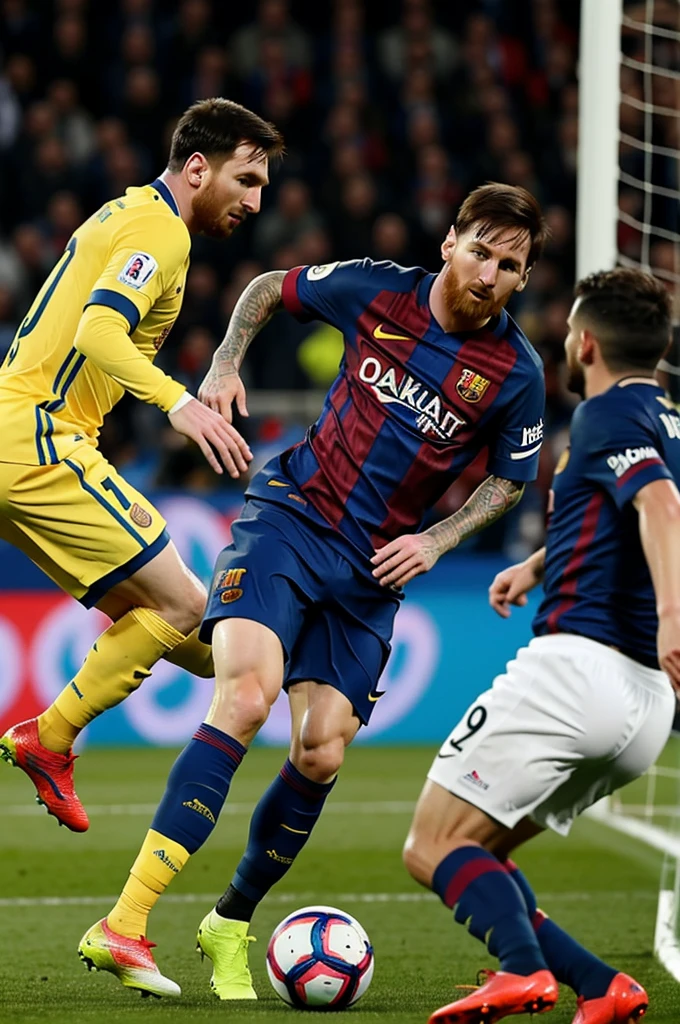 Messi qui dribble un joueur de foot et de le joueur de foot tombe