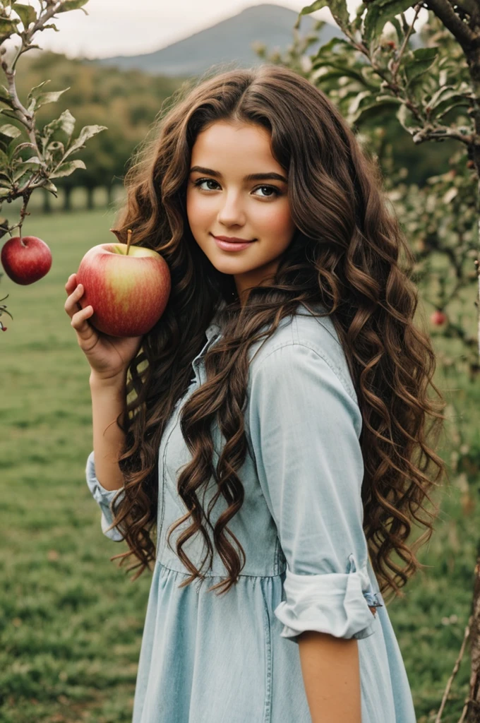 Beautiful girl with long curly hair in a landscape with an apple in her hand