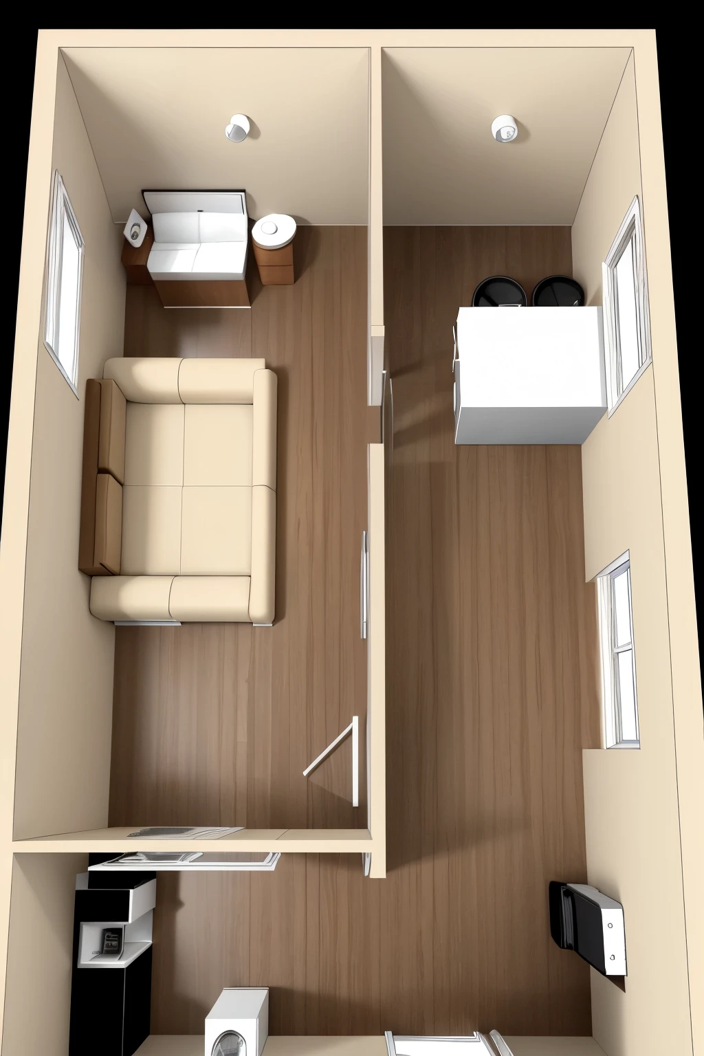 Create a floor plan measuring a simple bedroom with bathroom for a hotel measuring 20-25m²
