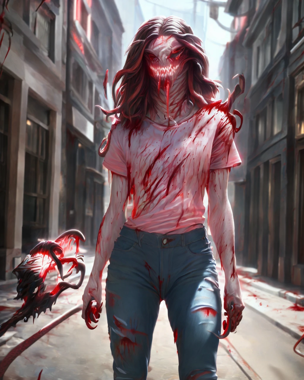 1girl, beautiful detailed eyes, beautiful detailed lips, extremely detailed eyes and face, long brown hair, pink t-shirt, jeans, standing on a street corner, award winning, intricate details, photorealistic, cinematic lighting, volumetric lighting, depth of field, beautiful face, striking pose, dynamic composition, vivid colors, warm tones, transformation into a dragon, CarnageStyle, (blood_red:1.5)