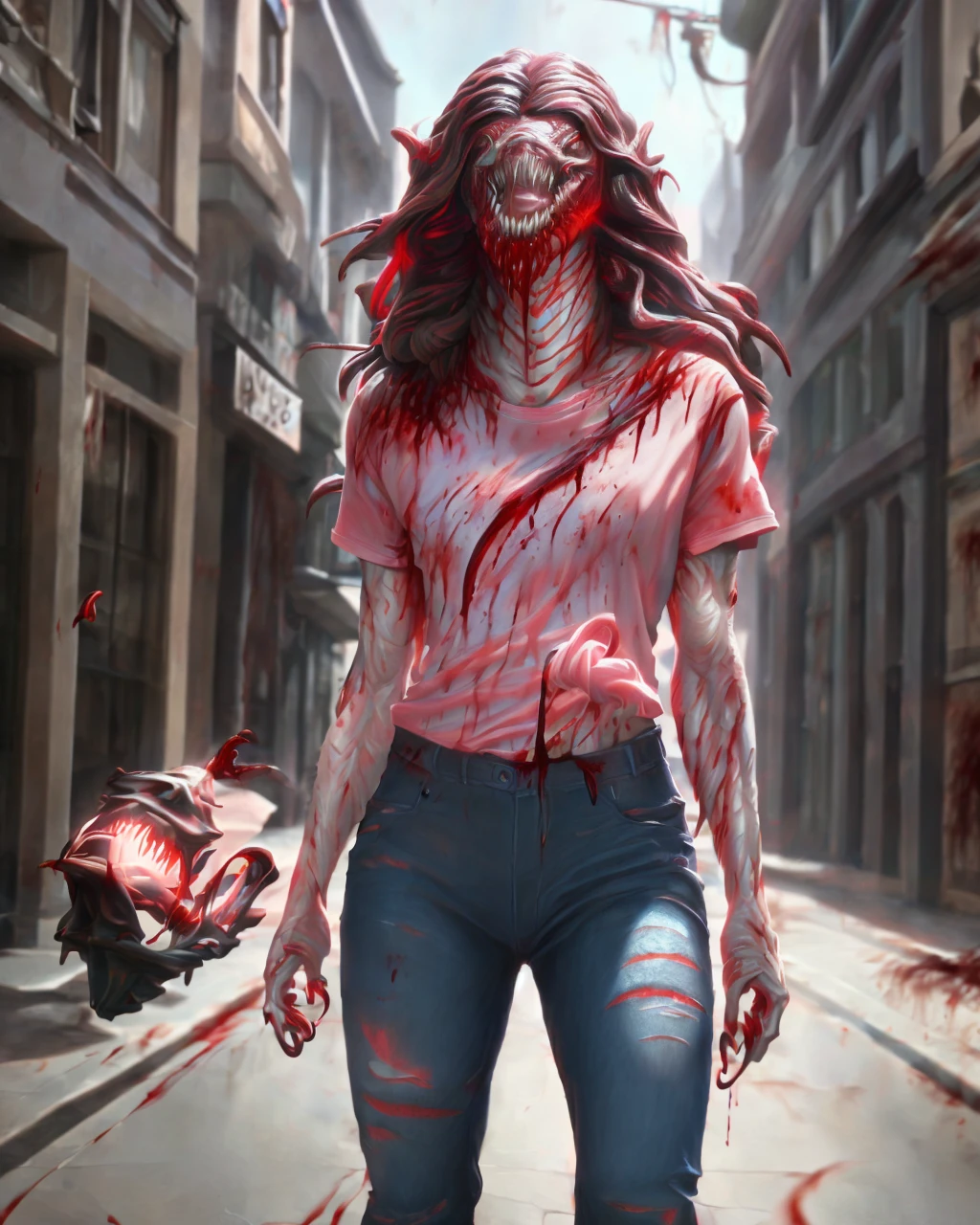 1girl, beautiful detailed eyes, beautiful detailed lips, extremely detailed eyes and face, long brown hair, pink t-shirt, jeans, standing on a street corner, award winning, intricate details, photorealistic, cinematic lighting, volumetric lighting, depth of field, beautiful face, striking pose, dynamic composition, vivid colors, warm tones, transformation into a dragon, CarnageStyle, (blood_red:1.5)